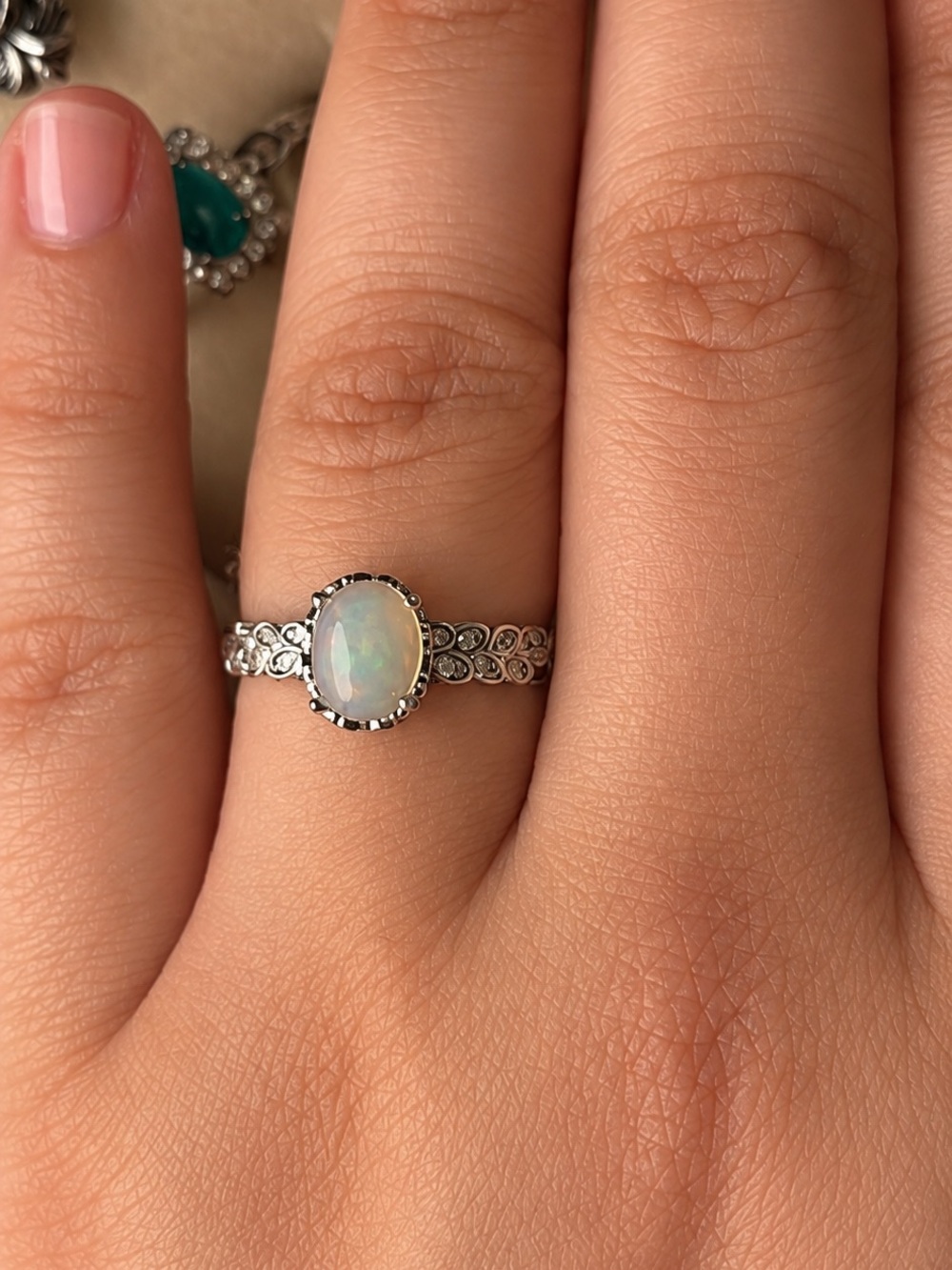 October Birthstone Ring | Opal Filigree Band | Iridescent White | Nickel Free